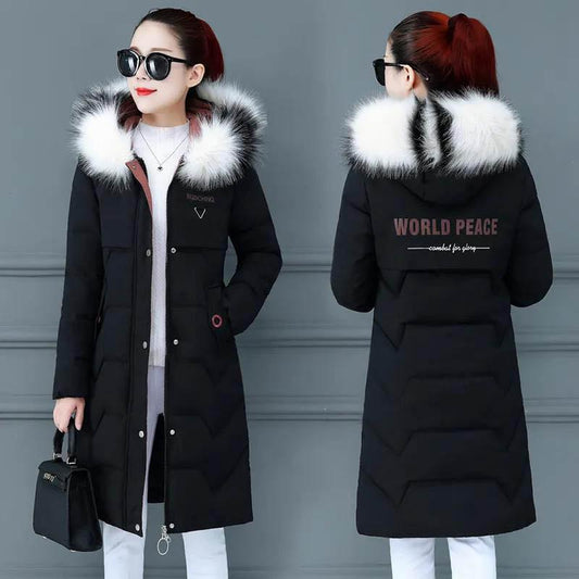 Down Padded Jacket Women's Mid-length Winter Clothes Korean Style Slim and Thin Big Fur Collar Thick Padded Jacket