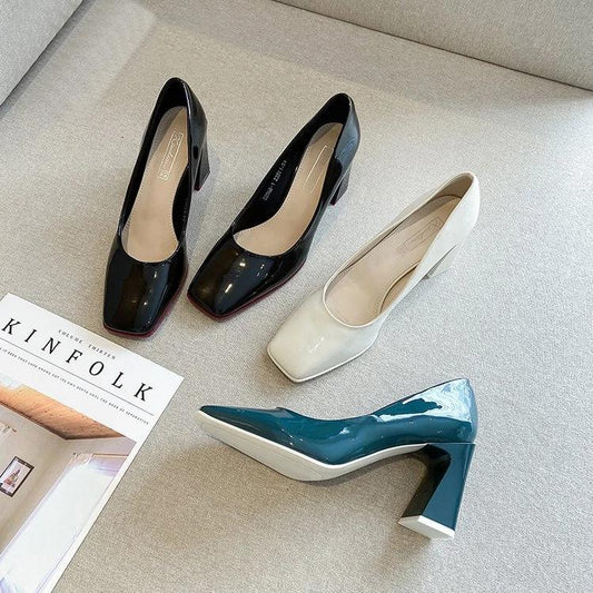 High Heels for Women Square Heel Patent Leather Pumps Square Toe Fashion Luxury Wedding Shoes Lady Office Work Shoes