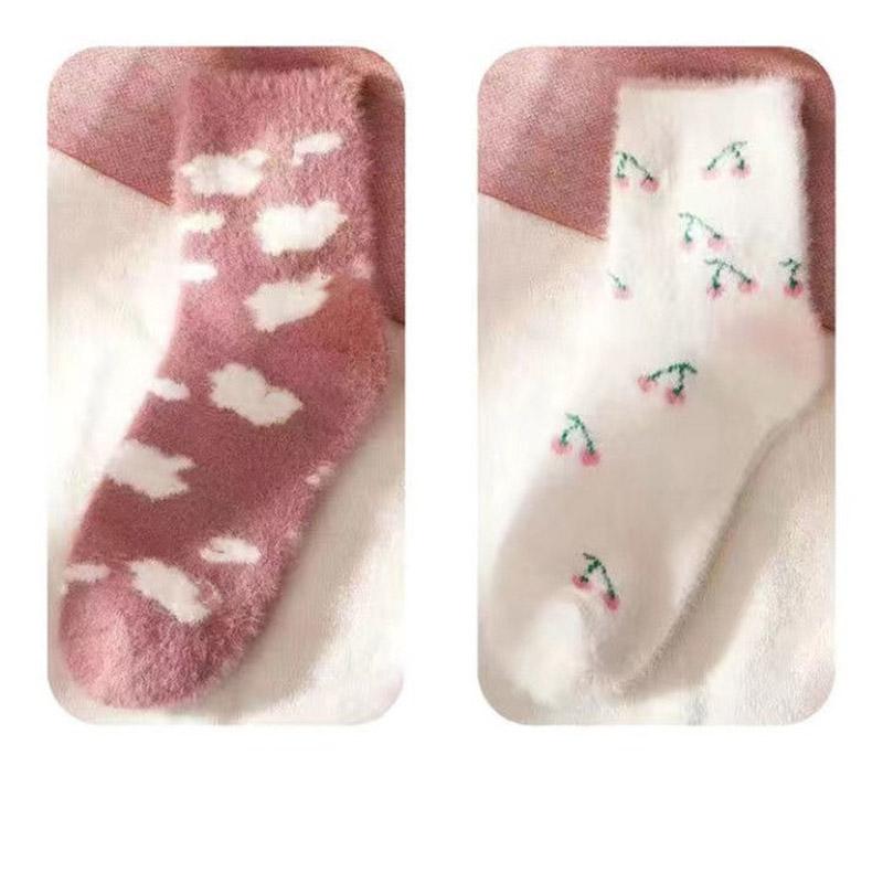 Two Pairs of Mink Fleece Socks Autumn and Winter Plus Fleece Thick Warm Floor Socks Women's Coral Fleece Home Sleep Socks