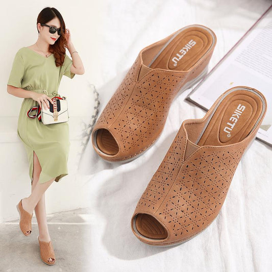 36-42 Women's Spring Summer Large Size Vintage Lightweight Thick Middle Heel Slippers Solid Color Fish Mouth Wedge Slippers