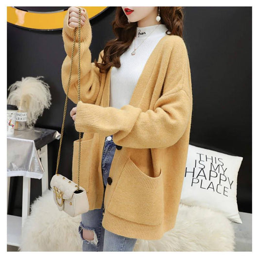 4 Colors Women V-neck Cashmere Long Section Loose Sweaters Knitted Cardigan Button Jacket