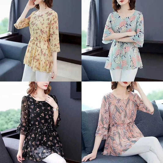 Ice Silk Floral Shirt Short-sleeved Women's Waist-covering Belly Thin Large Size Summer Mid-length Bottoming Shirt Top