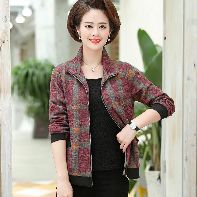 Women's Spring and Autumn Coat Versatile Short Jacket Middle-aged and Elderly Female Large Size Lapel Print Short Coat