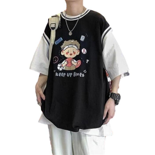 Summer Fake Two-piece Short-sleeved T-shirt Male Net Red Ins Super Fire Student Loose Cute Print Top Tide