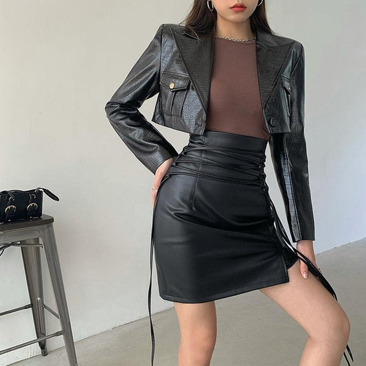 Pu Leather Skirt Women's Black High Waist Slit Bag Hip Short Skirt Spring Tie Skirt