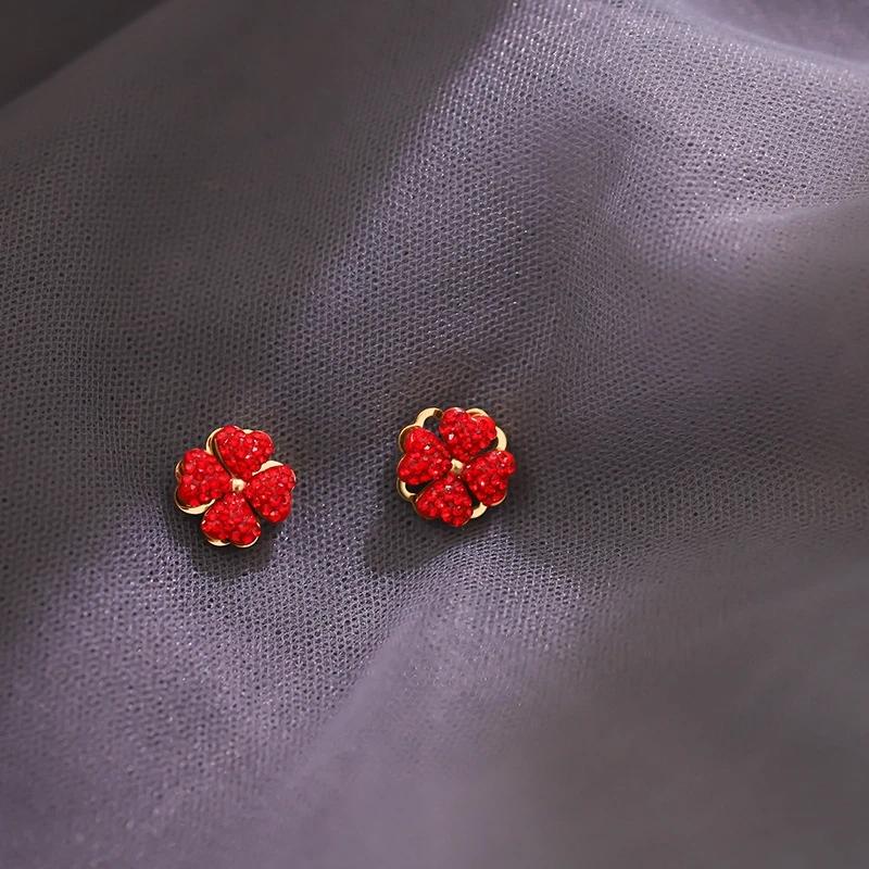 Titanium Steel Rotatable Four-leaf Clover Red Necklace with Diamond-studded Clavicle Chain Cute Earrings Mom Daughter Gifts