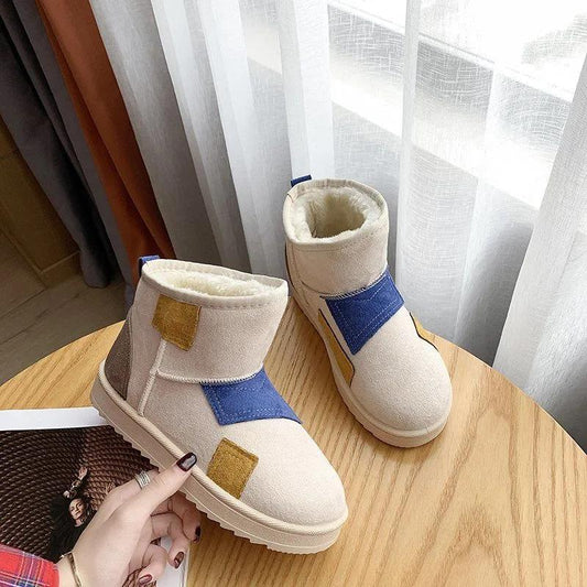 Color-blocking Snow Boots Women's Autumn and Winter Plus Velvet Cotton Shoes Thick-soled Waterproof Non-slip Short Boots