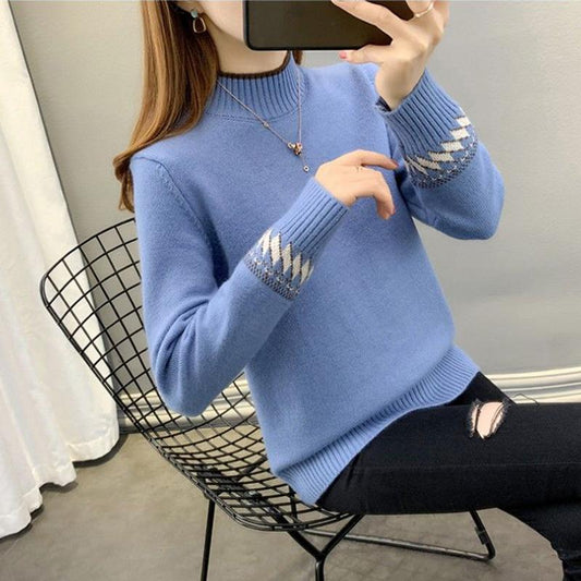 Autumn and Winter Plus Velvet Thick Sweater Half High Neck Loose Casual Bottoming Shirt Fashion Simple Female Sweater