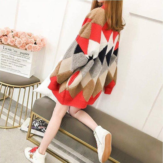 Women's Sweaters Autumn Winter Casual Plaid V-Neck Cardigans Button Cardigans Puff Sleeve Loose Sweater Coat
