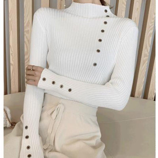 Long-sleeved Casual Bottoming Sweater Women's Spring and Autumn Thin Slim Half Turtleneck Buttoned Sweater Short Style Top