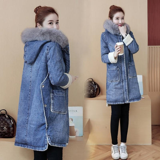 Womens Long Thick Fur Collar Hooded Down Jacket loose Winter Warm Jeans Coat Women Parkas ladies