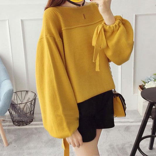 Fashion Solid Color Lantern Sleeve Sweater Women's Loose Pullover Knitwear Regular Puff Sleeve Top Outer Wear