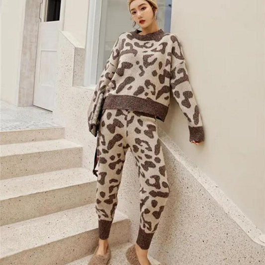 2pcs/set Women Knit Leopard Pullover Sweaters+Pants Sets Woman Fashion Jumpers Trousers 2 PCS Costumes Outfit