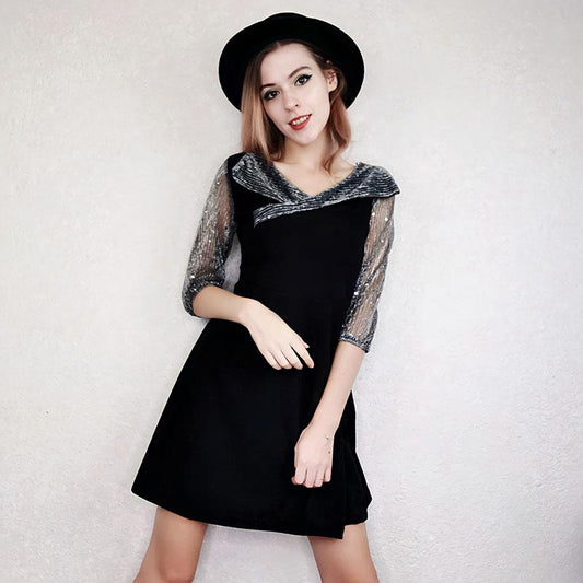 Women's V-neck Dress Sexy Mesh Splicing Bright Silk A-line Dress Five-point Sleeve Slim Dress for Party Plus Size M-4XL