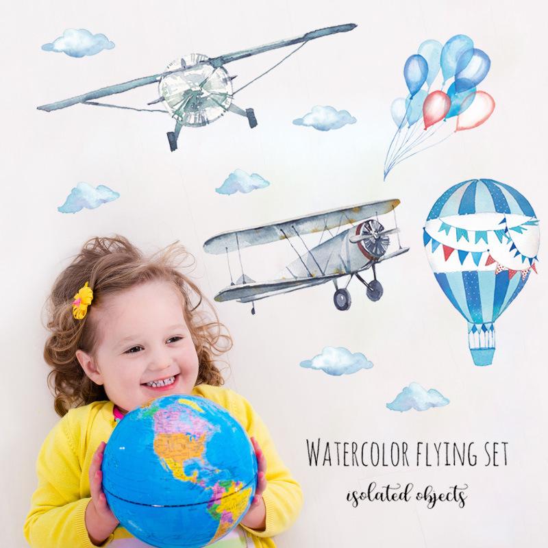 Watercolor hand-painted airplane balloon background decorative wall stickers