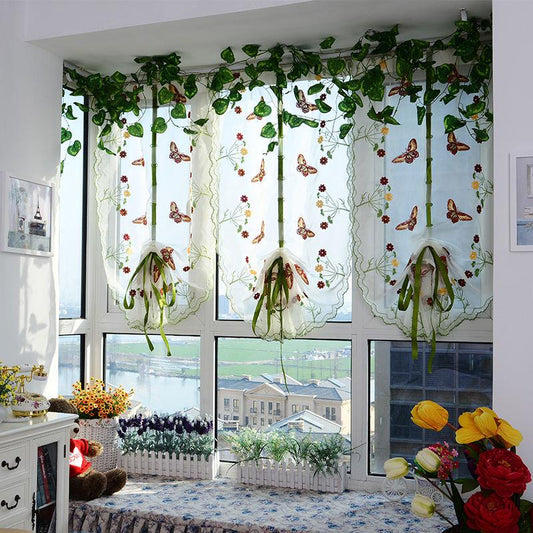Romantic Butterfly Floral Voile Tulle Curtains Draw String Door Window Curtain Balcony Panel Sheer Curtains