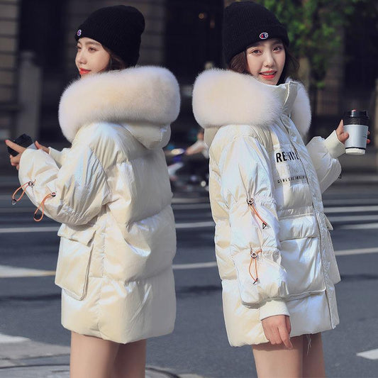 Glossy Disposable Mid-length Down Jacket Women Winter Thickened Large Fur Collar Jacket