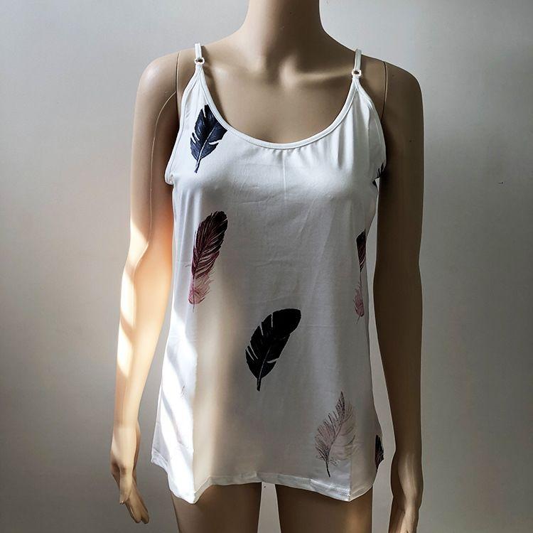 Fashion Women Summer Casual Feather Print Spaghetti Straps Sleeveless Tank Tops