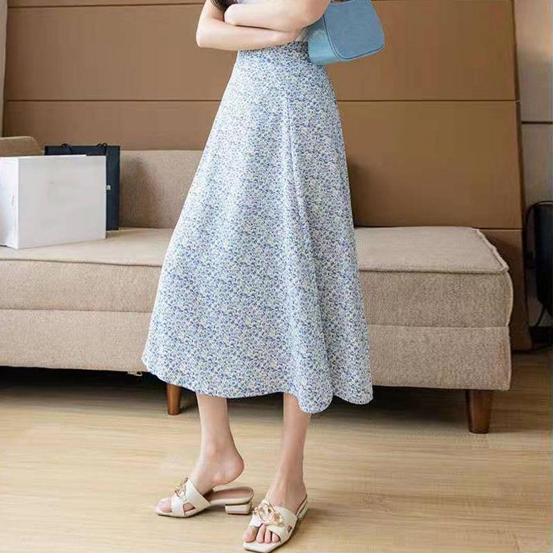 Women's Chiffon Floral Skirt Summer High Waist Mid-length A-line Draping Fairy Dress