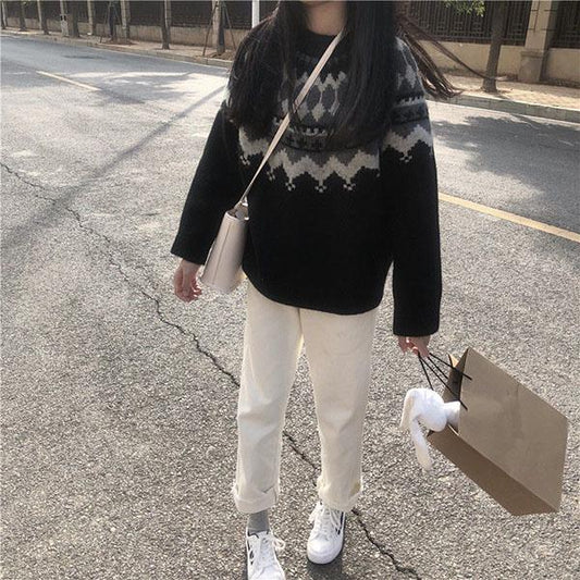Autumn Winter Turtleneck Sweater Women Nordic Style Rhombic Grid Loose Thick Pullover Sweater Students All-match Bottoming Outer Wear Sweater