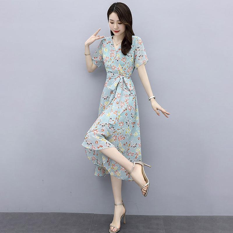 Chiffon Dress Feminine Temperament Elegant Waist Thin French Floral Long Skirt Can Be Belted Slimming Thin Ladies Chiffon Dress