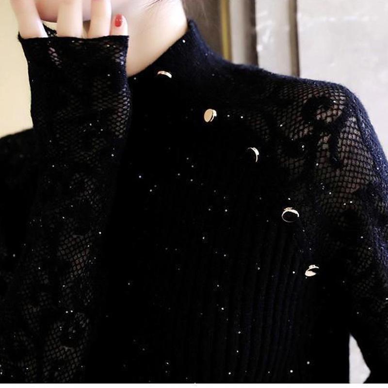 Fall/winter Core-spun Yarn Flash Knit Sweater Slim Long-sleeved Half Turtleneck Sweater Women's Solid Color Bottoming Pullover Top
