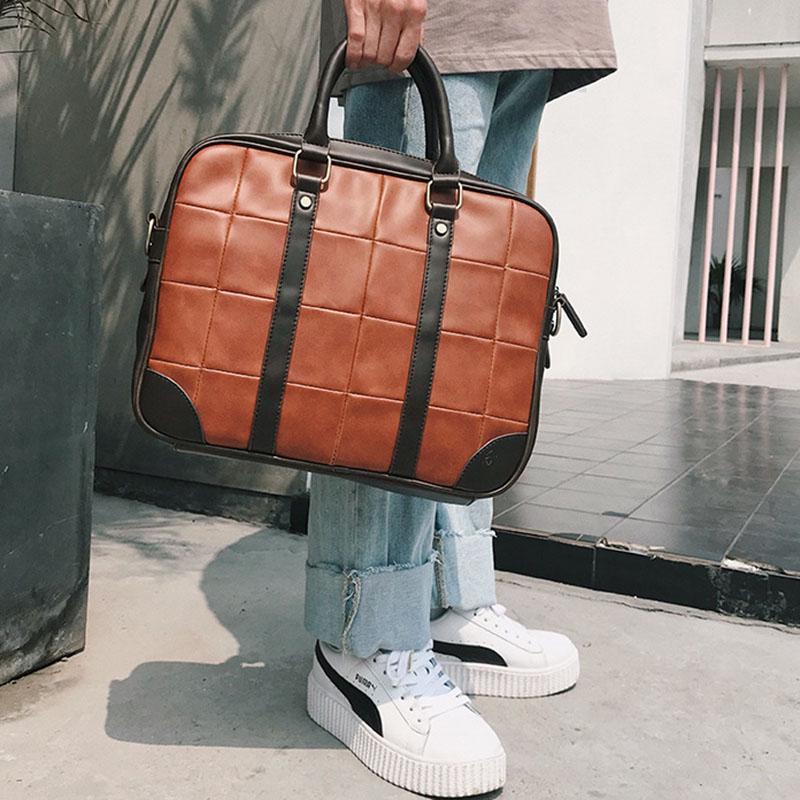 Business briefcase men retro large capacity zipper PU leather anti-theft waterproof wearable handbag