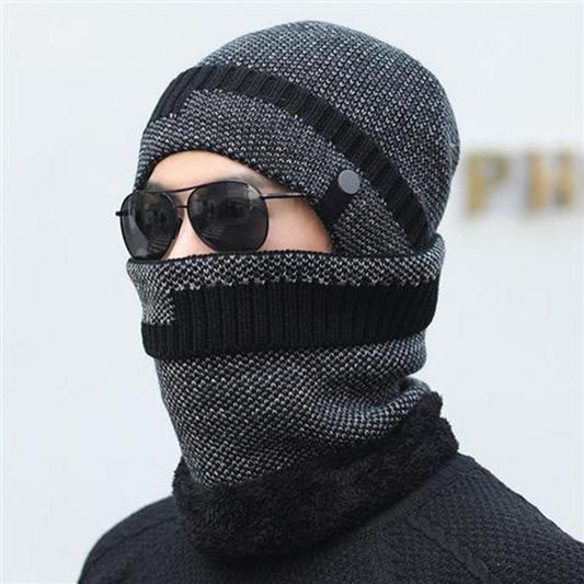 Hat Men's Winter Fashion Warm Woolen Hat Windproof Ear Protection Knitted Hood Hat Bib Set Thickened Hooded Biking