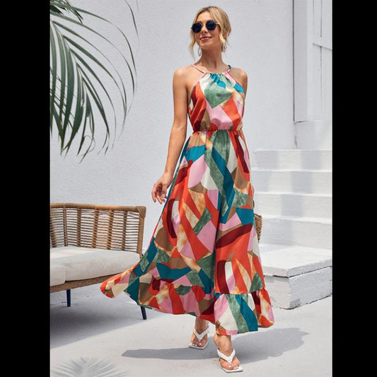 Patchwork Print Ruffle Hem Halter Dress Holiday Style Long Sleeveless Dress