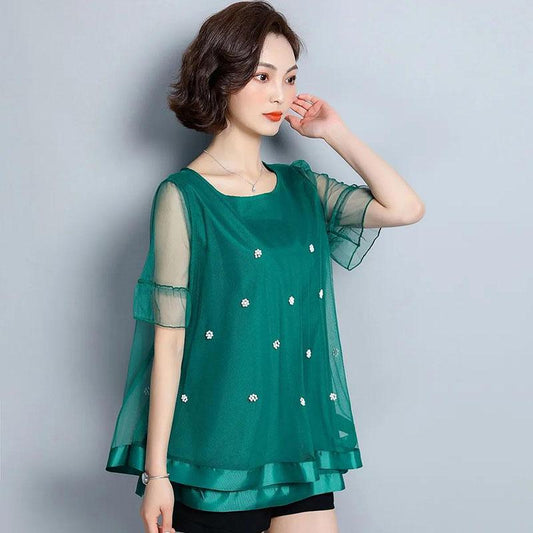 Women's Summer Plus Size Short Sleeve Top Mesh Loose Versatile V-Neck T-Shirt