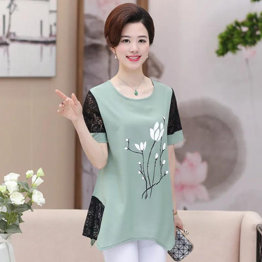 Middle-aged and Elderly Women's Large Size Summer Chiffon Short-sleeved T-shirt Mid-length Bottoming Shirt Top