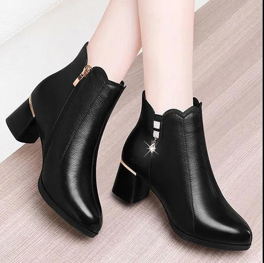 Fleece Short Boots Women's Winter Fashion All-match Thick-heeled Round Toe Boots Short Tube Rhinestone Cotton Shoes