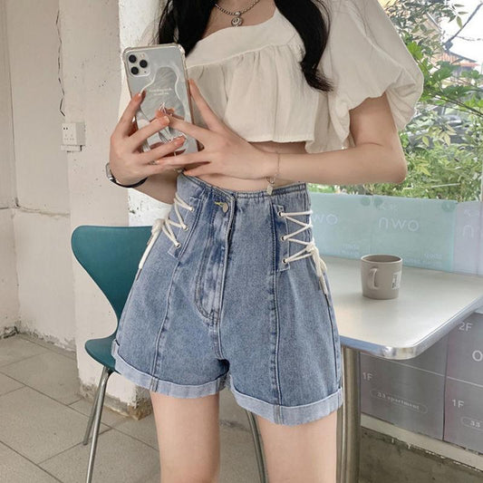Denim Shorts Women's Spring/Summer High Waist Fashion Lace Up Wide Leg Pants A-Line Shorts