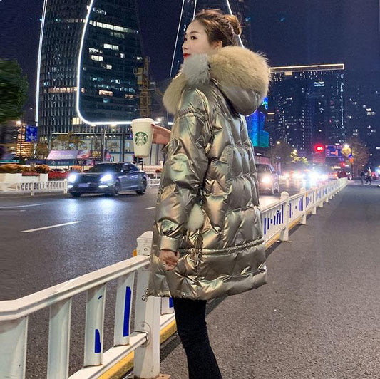 Bright Silver Down Jacket Winter Women's Long Hooded Coat Parka Thick Winter Jacket Women's Coat Oversize