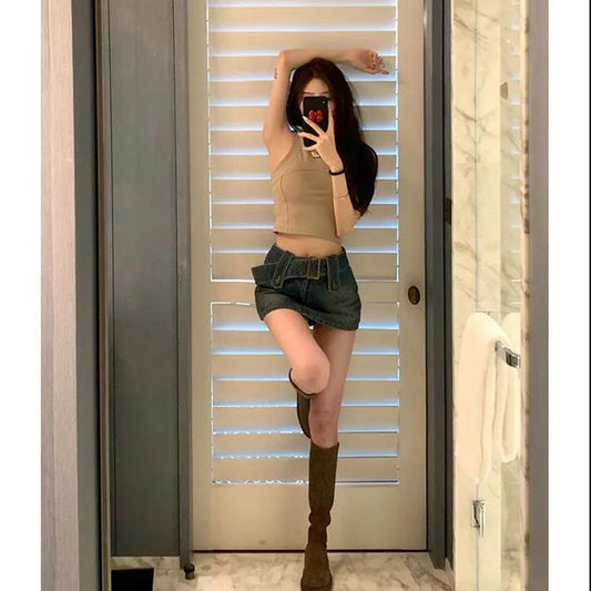 Denim Skirt Female Summer Korean Version Was Thin Package Hip Skirt with Lining A-line Skirt Simple Commute Skirt