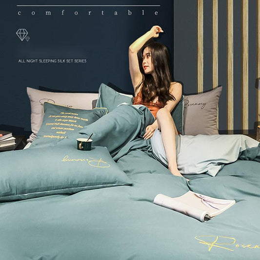 Fashion Luxury Four-piece Set Simple Bed Sheet Quilt Cover Pillowcase Bedding Embroidery Washed Cotton Sheets