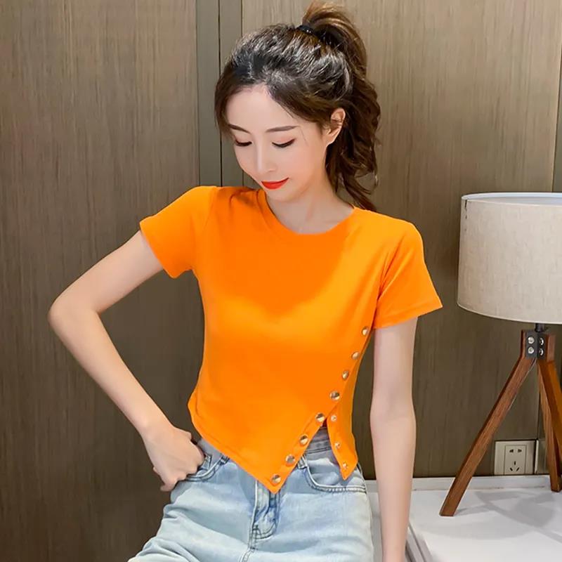 Summer Casual Slim Women's Fashion Solid Color Round Neck Half Sleeve Asymmetry Short T-shirt