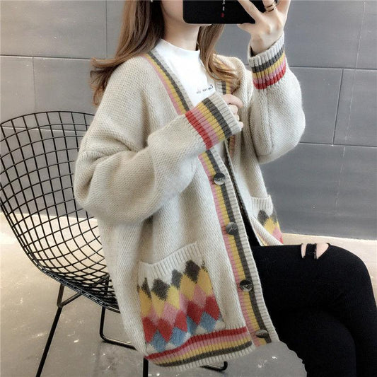 Women Cardigan Autumn Winter Knitting Printed Open Stitch Sweaters Casual Women Knitted Jackets Loose Cardigans