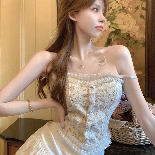 Women Elegant Designer French Vintage Print Halter Tops Chic Bandage Floral Corset Shirts Sexy Style Party Club Ladies Top