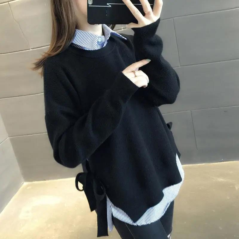 One-piece Round Neck Sweater Lace-up Sweater Spring and Autumn Loose Bottoming Sweater Ladies Top Solid Color Wild Sweater
