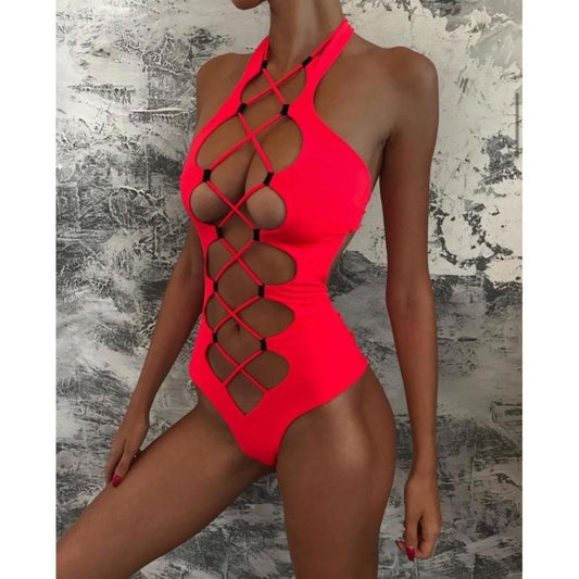 Hollow Out Swimwear Women High Neck Solid Black High Cut Backless Bandage Bathing Suit Holiday One Piece Swimsuit