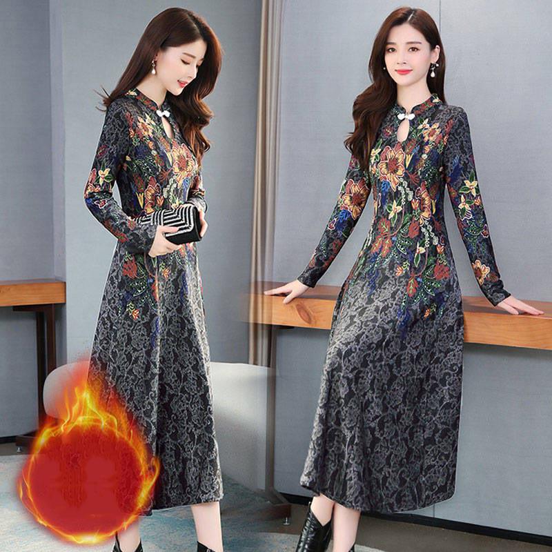 Plus Size Women Jacquard Dress Elegant Printed Sexy Vintage Long Sleeve Boho Velvet Dresses