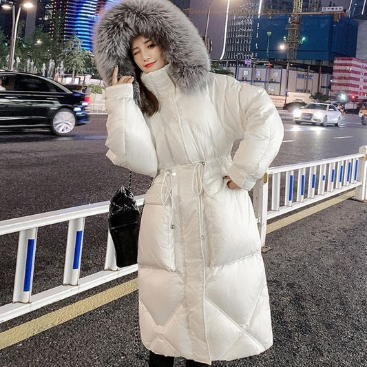 Black Shiny Down Jacket Women's Mid-length, Waist, Explosive, Large Fur Collar, Thickened Tooling Jacket