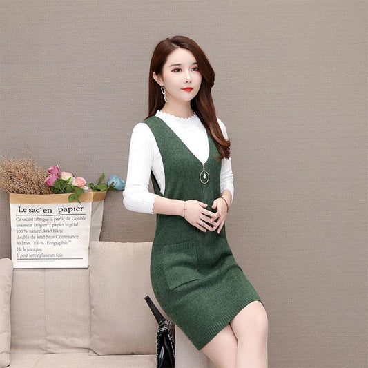 Spring and Autumn All-match Loose Vest Skirt Mid-length Knitted Vest Dress Fashion Solid Color Female Vest Skirt
