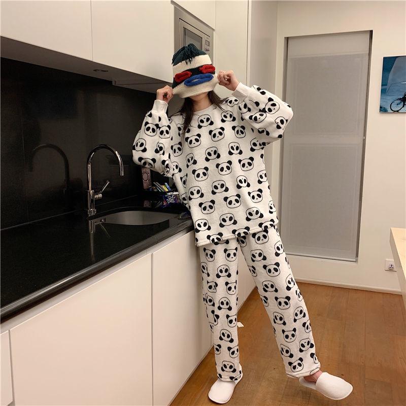 Women's Autumn and Winter Coral Velvet Thick Pajamas Flannel Plus Velvet Outer Wear Home Service Suit
