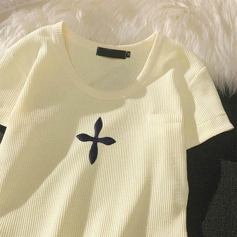 Waffle T-shirt Women's Short Sleeve Off Shoulder Top Irregular Curved Hem U Neck Retro Top