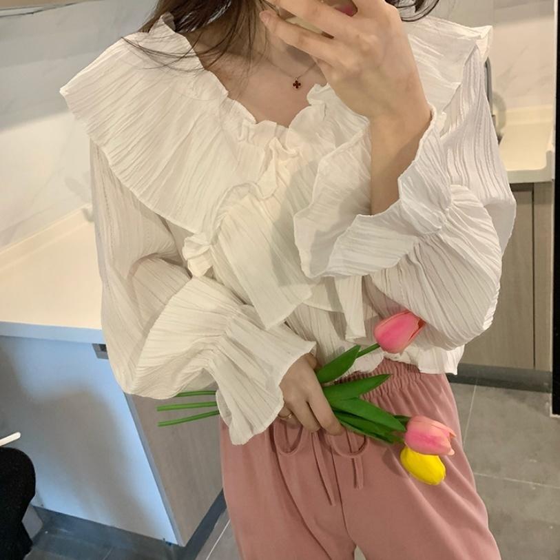 Spring and Summer Palace Style Trumpet Sleeve Shirt Women Lotus Sleeve