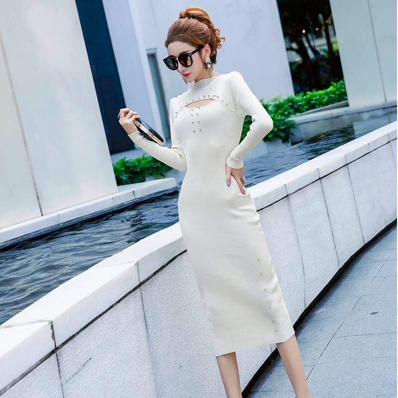 European and American Autumn Winter Sexy Soff-shoulder Turtleneck Sweater Dress Long Slim Striped Knitted Dress Bottoming Pencil Dress