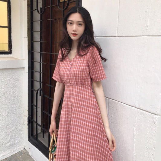Dress Women Plaid V-neck long Sleeve Loose Fashion Leisure Sweet Korean Style Backless Lace-up Chic Student Ulzzang All-match