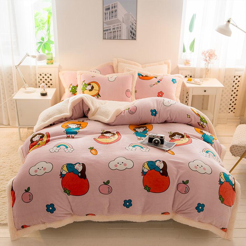 Household Milk Cashmere Lamb Cashmere Four-piece Coral Cashmere Bed Sheet Duvet Cover Winter Super Thick 4kg Double-sided Warm Flannel Bedding